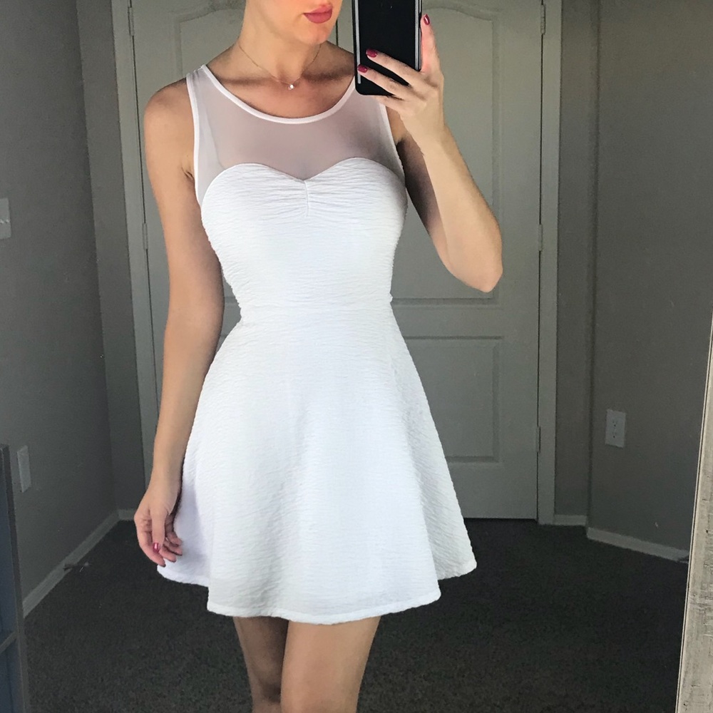 Guess White Fit-and-Flare Mesh Yoke Dress